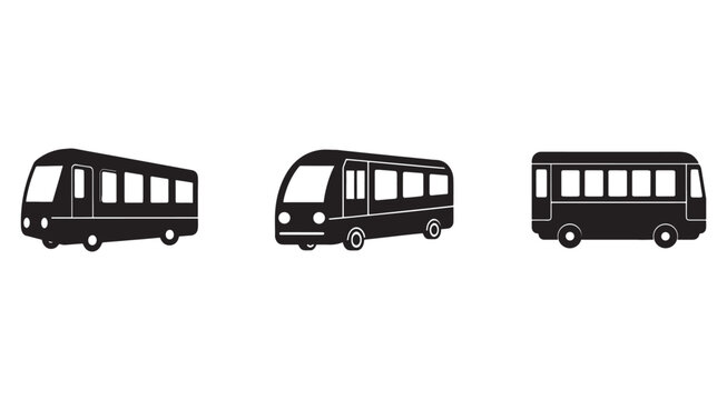Three black silhouettes of buses in different angles and positions  side views of public transportation vehicles