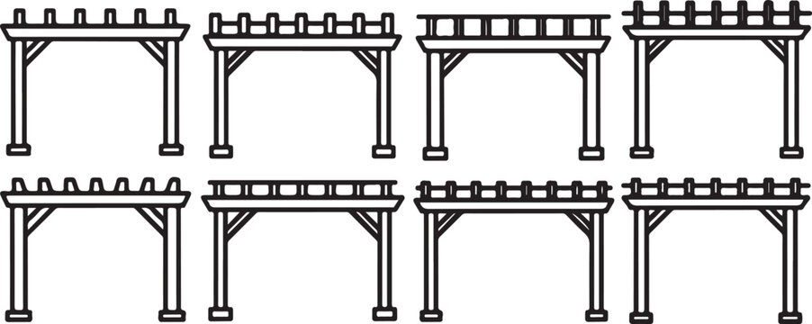 Illustrations of various types of bench designs with crossbars and supports Vector