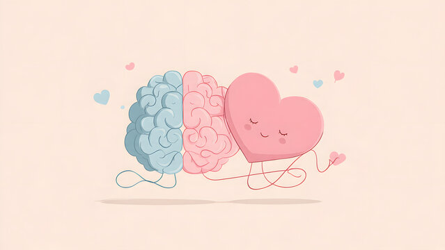 Cute cartoon style brain and heart connected with lines, showing harmony between emotions and thoughts in a playful design.