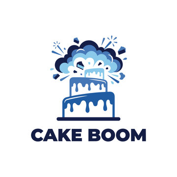 A dynamic logo illustrating a cake with an explosion, using vibrant blue tones to convey a sense of excitement and energy associated with cake celebrations and events.