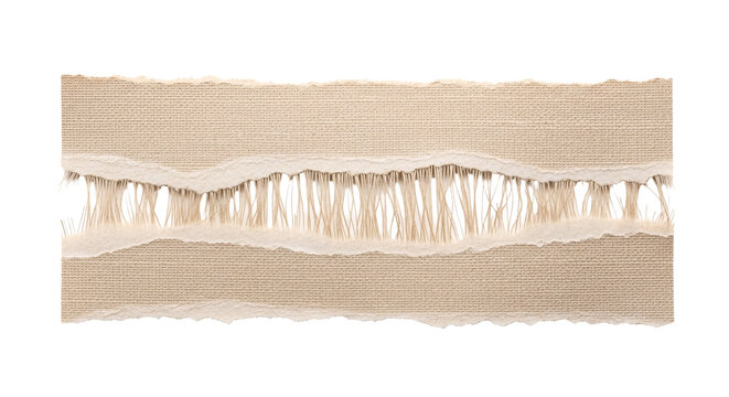 Torn beige fabric strip with frayed edges and a hole.
