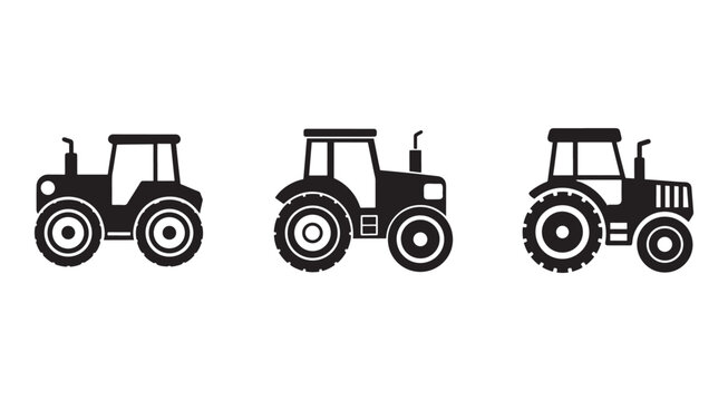 Three black silhouettes of tractors in different angles and positions on white background  agricultural vehicles for design and illustration purposes