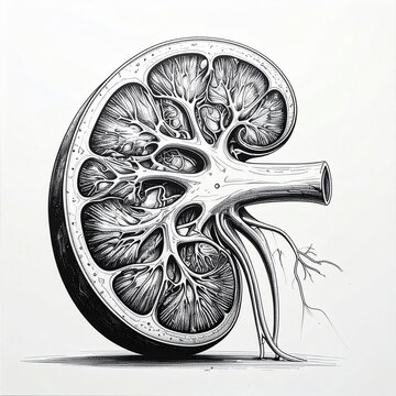 Detailed anatomical illustration of human kidney cross-section with ureter