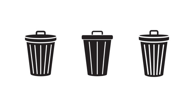 Three black trash cans with lids and handles in a row on white background  waste management symbol