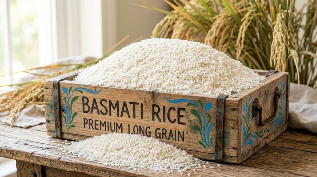 Abundant heap of premium basmati rice overflowing from a rustic wooden crate showcasing its long grain texture