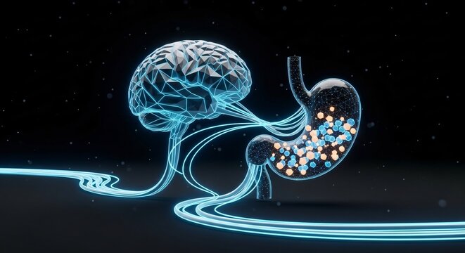 The gut-brain axis visualized with neon blue neural connections linking a digital brain to a stomach filled with glowing neurotransmitter molecules, illustrating gut health and