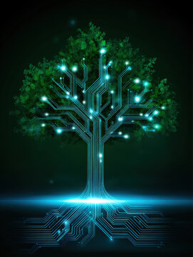 Digital tree with glowing circuit branches, technology concept, green leaves, futuristic light, innovation, nature blend, abstract background