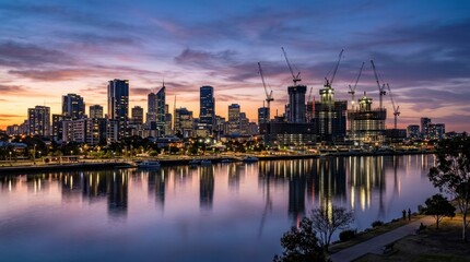 Fototapeta premium Panoramic twilight cityscape with illuminated skyscrapers and construction cranes reflected in the calm waterfront