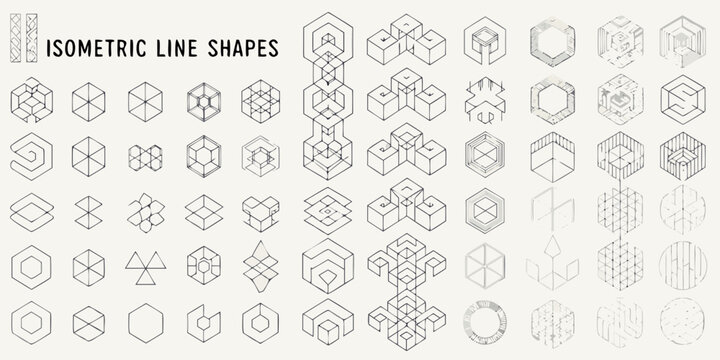 Collection of various isometric line shapes and geometric designs