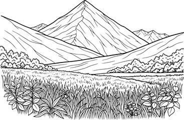 Fototapeta premium Detailed Line Landscape of Mountains Overlooking a Grassy Meadow and Lush Bushes