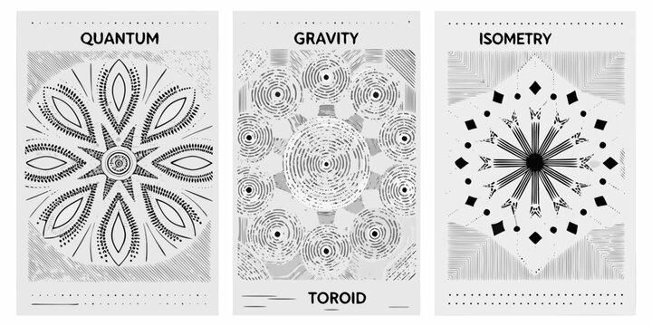Three abstract panels featuring geometric designs and scientific terms