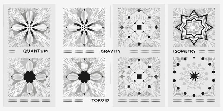 Abstract geometric patterns in black and white arranged in a grid format