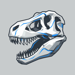This striking illustration features a stylized T-Rex skull created with bold geometric lines and colors, emphasizing the prehistoric subject with a contemporary artistic flair. © Zhimin