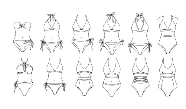 Continuous line drawing women swimwear silhouette set bikini and swimsuit vector illustration