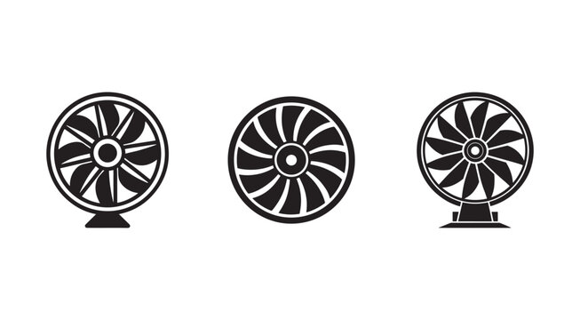 Three different fan designs with varying blade styles on white background  electric device for air circulation