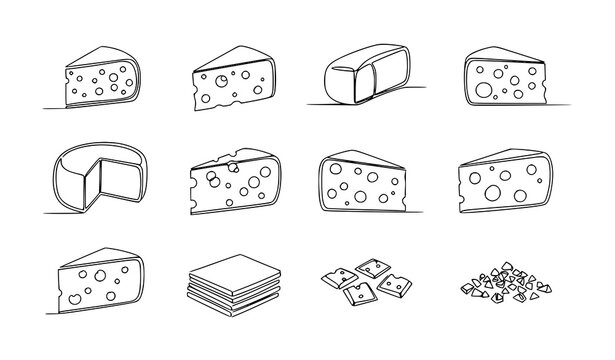 Continuous line drawing cheese doodle icon set slice wedge food menu vector illustration