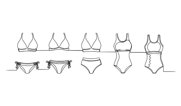 One line drawing women swimwear icons bikini swimsuit fashion outline vector illustration