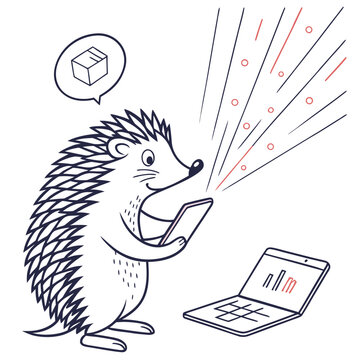 A charming illustration depicts a hedgehog intently using a laptop with a thought bubble showing a cube radiating lines