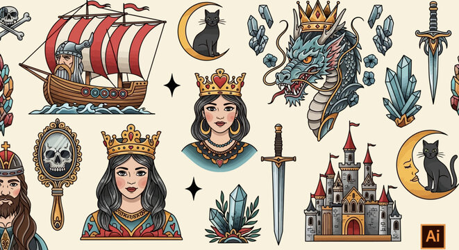 Traditional Tattoo Flash Sheet with Fantasy Icons: Dragon, Queen, Viking Ship, Castle, and Magic Symbols - Vector Illustration