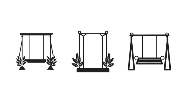 Three different swing sets with plants on white background  outdoor playground equipment  recreational park furniture