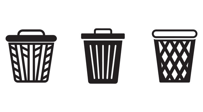 Three different trash can icons with various designs and patterns  isolated on white background