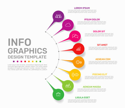 Circular infographic template with eight labeled nodes connected by a curved path for business data visualization. Vector illustration.