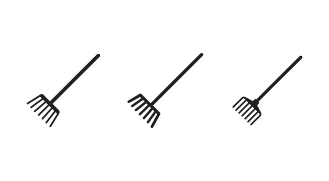 Three garden rakes with long handles and multiple prongs for collecting leaves and debris in yard or garden  gardening tools