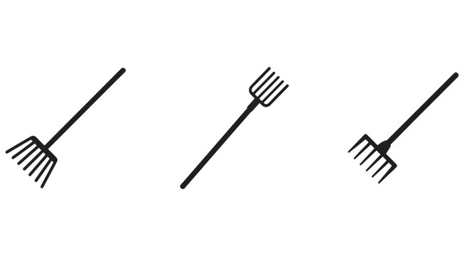 Three gardening rakes with long handles and multiple tines for yard work and landscaping tasks  various angles