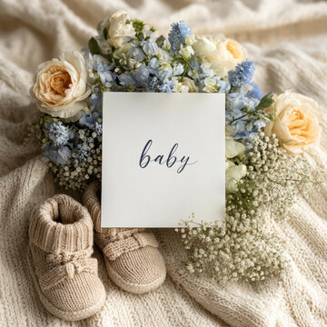 Baby announcement card with beige knitted booties, cream roses, blue flowers, and soft textured blanket, expressing warmth and joy
