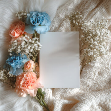 Blank card blue flower pink flower white flower soft texture cozy blanket floral arrangement delicate invitation greeting