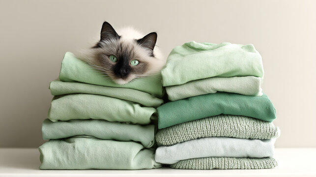 Cat Peeking Out from Stack of Folded Towels