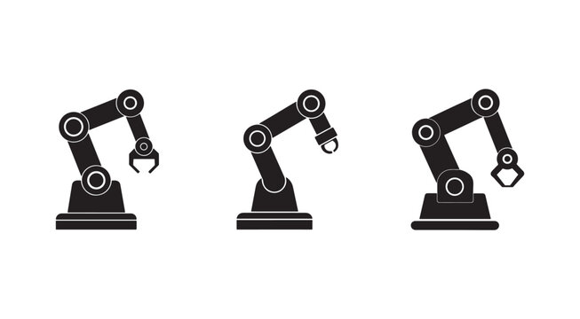 Three industrial robotic arms with different end effectors on white background  industrial automation and manufacturing concept