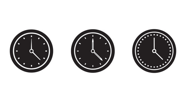Three simple analog clock faces with different hour and minute hand positions on white background  clocks with hour and minute hands  time icons