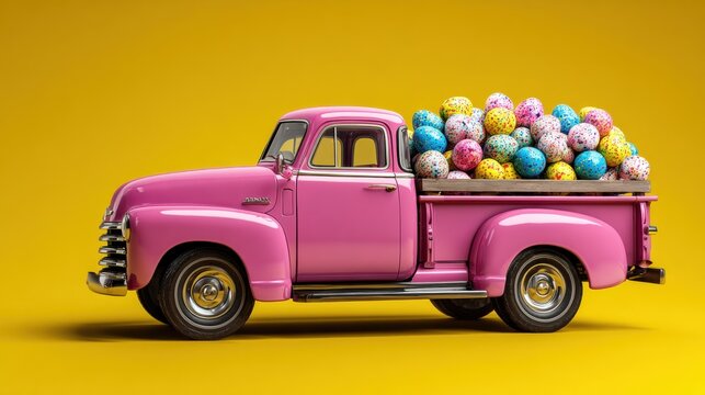 Pink truck carries colorful eggs during spring festival