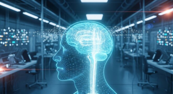 AI brain in digital lab, neurotechnology concept, artificial intelligence processing, futuristic cognitive tech, data analysis visualization