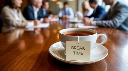 Fototapeta premium Coffee cup with break time text on table in office meeting background with business people blur