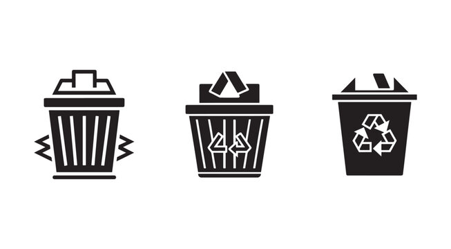 Three trash cans icons for waste disposal and recycling  waste management symbols for ecology and environment  trash and recycle bins