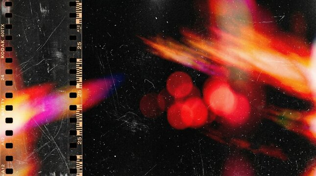 Vintage film frame with colorful light leaks, grain and dust textures on black background. Retro analog cinematic overlay with red bokeh flares and scratched photographic border.