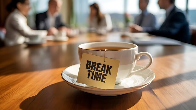 Coffee cup with break time text on table in office meeting background with business people blur