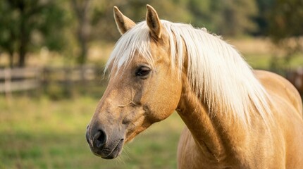Obraz premium Portrait of a beautiful palomino horse with white mane in a green summer pasture. Purebred stallion grazing in a rural field, equestrian animal photography for ranch and nature themes.