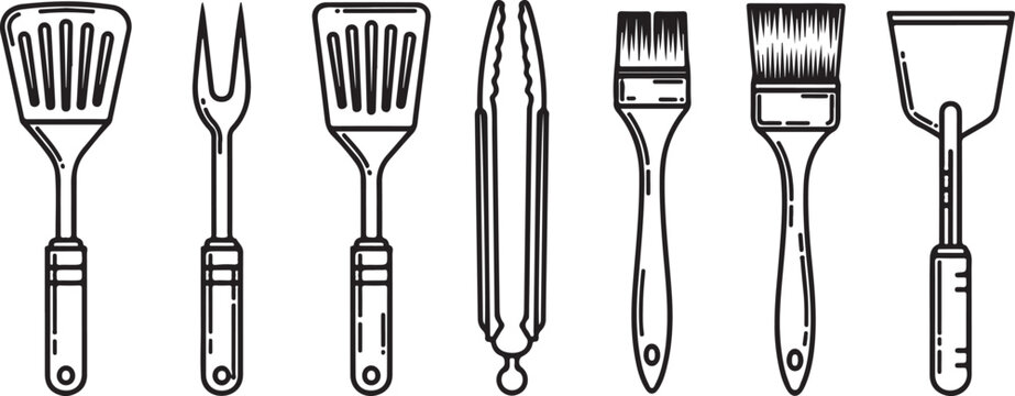Black and white sketch of various kitchen utensils on a flat surface Vector