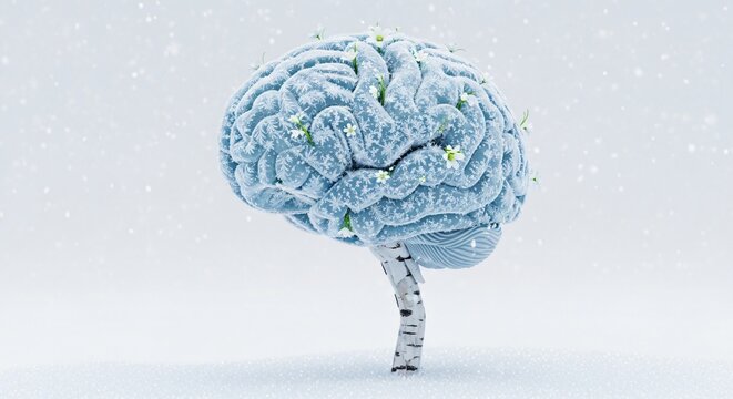 Human brain tree with white flowers blooming in winter snow, symbolizing mental health recovery and psychological growth, serene mindfulness concept