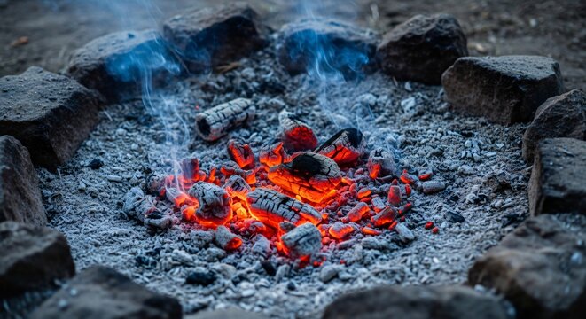 Glowing embers and smoke rising from a stone fire pit, representing resilience after hardship, hope, survival and the warmth of memory.