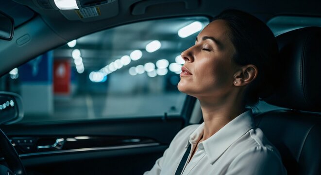 Stressed female driver taking a break from commute inside car, closed eyes resting in vehicle cabin, mental health awareness moment for drivers.