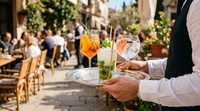 Close up of waiter serving fresh mojito and orange spritz cocktails on silver tray. Professional service in luxury outdoor restaurant during summer vacation.