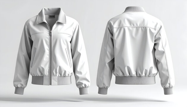 A front and back view of a white, collared bomber jacket with ribbed cuffs and hem