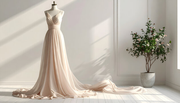 An elegant, flowing gown on a mannequin in a sunlit room, with a potted plant