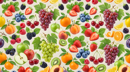 A bunch of fruit and berries on a white background