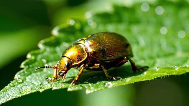 A metallic-colored insect with intricate details rests on a vibrant green leaf covered in glistening water droplets