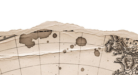 Vintage map fragment torn edge with ink stains isolated. © RM Graphics